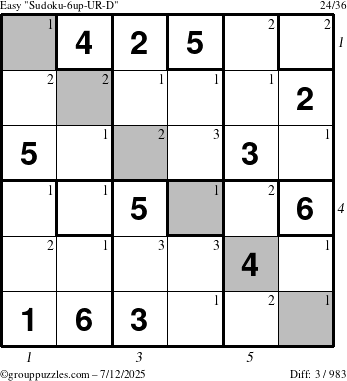 The grouppuzzles.com Easy Sudoku-6up-UR-D puzzle for Saturday July 12, 2025 with all 3 steps marked