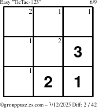 The grouppuzzles.com Easy TicTac-123 puzzle for Saturday July 12, 2025 with the first 2 steps marked