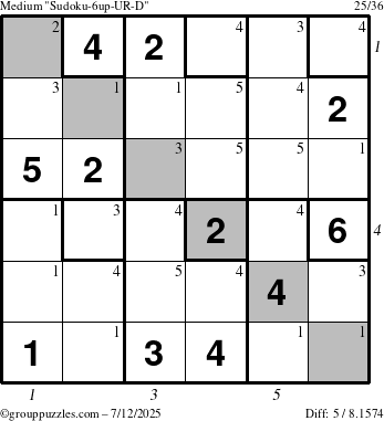 The grouppuzzles.com Medium Sudoku-6up-UR-D puzzle for Saturday July 12, 2025, suitable for printing, with all 5 steps marked