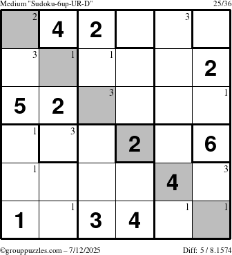 The grouppuzzles.com Medium Sudoku-6up-UR-D puzzle for Saturday July 12, 2025 with the first 3 steps marked