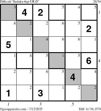 The grouppuzzles.com Difficult Sudoku-6up-UR-D puzzle for Saturday July 12, 2025 with all 6 steps marked