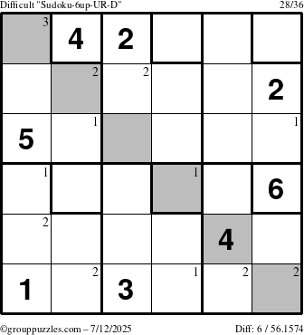 The grouppuzzles.com Difficult Sudoku-6up-UR-D puzzle for Saturday July 12, 2025 with the first 3 steps marked