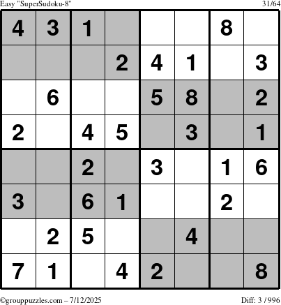 The grouppuzzles.com Easy SuperSudoku-8 puzzle for Saturday July 12, 2025