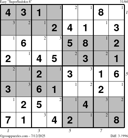 The grouppuzzles.com Easy SuperSudoku-8 puzzle for Saturday July 12, 2025 with all 3 steps marked
