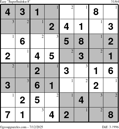 The grouppuzzles.com Easy SuperSudoku-8 puzzle for Saturday July 12, 2025 with the first 3 steps marked