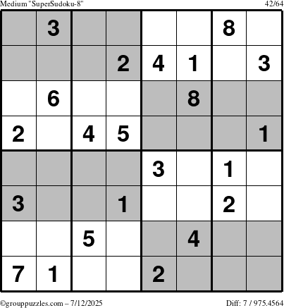 The grouppuzzles.com Medium SuperSudoku-8 puzzle for Saturday July 12, 2025