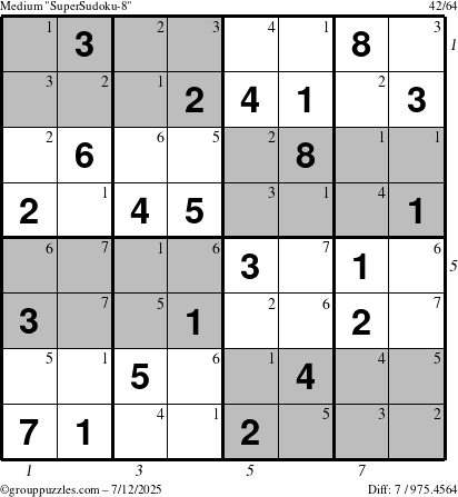 The grouppuzzles.com Medium SuperSudoku-8 puzzle for Saturday July 12, 2025 with all 7 steps marked