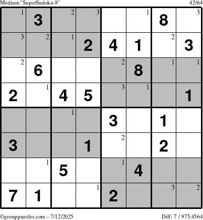 The grouppuzzles.com Medium SuperSudoku-8 puzzle for Saturday July 12, 2025 with the first 3 steps marked