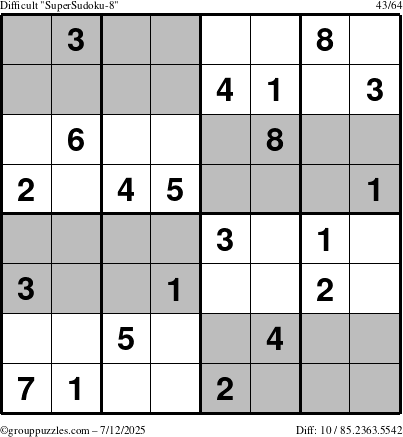 The grouppuzzles.com Difficult SuperSudoku-8 puzzle for Saturday July 12, 2025