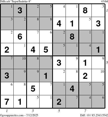 The grouppuzzles.com Difficult SuperSudoku-8 puzzle for Saturday July 12, 2025 with all 10 steps marked