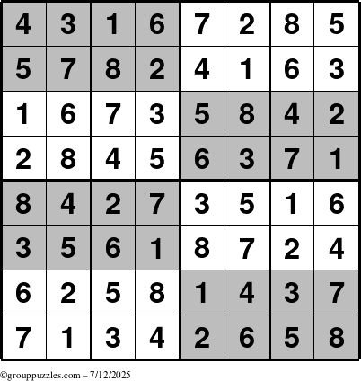 The grouppuzzles.com Answer grid for the SuperSudoku-8 puzzle for Saturday July 12, 2025