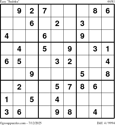 The grouppuzzles.com Easy Sudoku puzzle for Saturday July 12, 2025