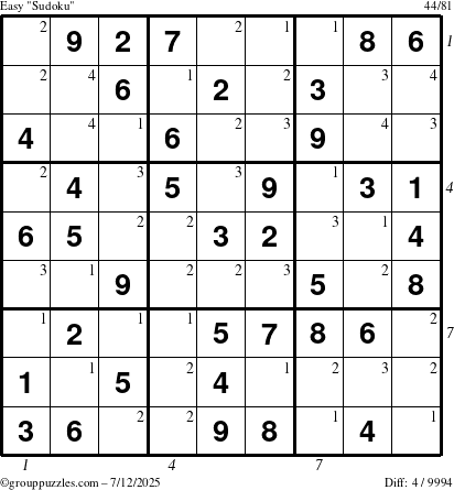 The grouppuzzles.com Easy Sudoku puzzle for Saturday July 12, 2025 with all 4 steps marked
