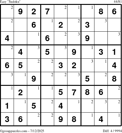 The grouppuzzles.com Easy Sudoku puzzle for Saturday July 12, 2025 with the first 3 steps marked