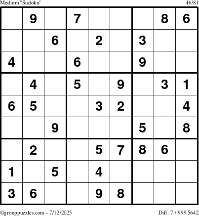 The grouppuzzles.com Medium Sudoku puzzle for Saturday July 12, 2025