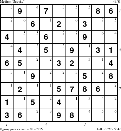 The grouppuzzles.com Medium Sudoku puzzle for Saturday July 12, 2025 with all 7 steps marked