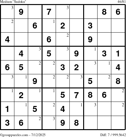 The grouppuzzles.com Medium Sudoku puzzle for Saturday July 12, 2025 with the first 3 steps marked