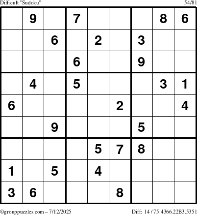 The grouppuzzles.com Difficult Sudoku puzzle for Saturday July 12, 2025