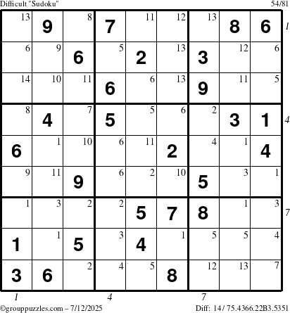 The grouppuzzles.com Difficult Sudoku puzzle for Saturday July 12, 2025 with all 14 steps marked