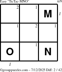 The grouppuzzles.com Easy TicTac-MNO puzzle for Saturday July 12, 2025 with all 2 steps marked