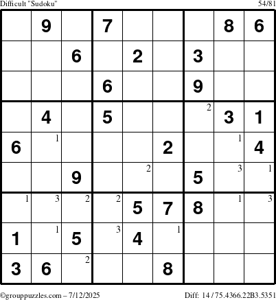 The grouppuzzles.com Difficult Sudoku puzzle for Saturday July 12, 2025 with the first 3 steps marked