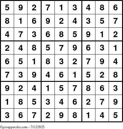 The grouppuzzles.com Answer grid for the Sudoku puzzle for Saturday July 12, 2025