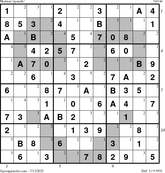 The grouppuzzles.com Medium tpsmith puzzle for Saturday July 12, 2025 with all 5 steps marked