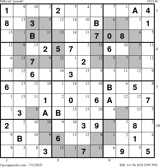 The grouppuzzles.com Difficult tpsmith puzzle for Saturday July 12, 2025 with all 14 steps marked