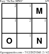 The grouppuzzles.com Easy TicTac-MNO puzzle for Saturday July 12, 2025 with the first 2 steps marked