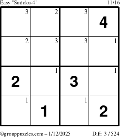 The grouppuzzles.com Easy Sudoku-4 puzzle for Sunday January 12, 2025 with the first 3 steps marked