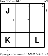 The grouppuzzles.com Easy TicTac-JKL puzzle for Sunday January 12, 2025 with all 2 steps marked