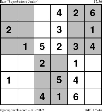 The grouppuzzles.com Easy SuperSudoku-Junior puzzle for Sunday January 12, 2025