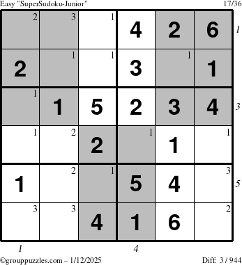 The grouppuzzles.com Easy SuperSudoku-Junior puzzle for Sunday January 12, 2025 with all 3 steps marked