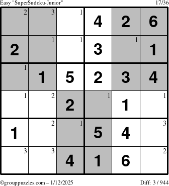 The grouppuzzles.com Easy SuperSudoku-Junior puzzle for Sunday January 12, 2025 with the first 3 steps marked