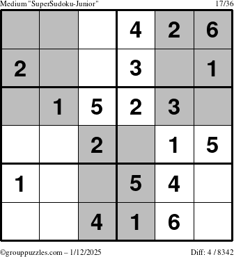 The grouppuzzles.com Medium SuperSudoku-Junior puzzle for Sunday January 12, 2025