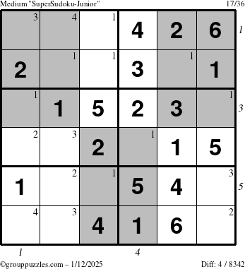 The grouppuzzles.com Medium SuperSudoku-Junior puzzle for Sunday January 12, 2025, suitable for printing, with all 4 steps marked