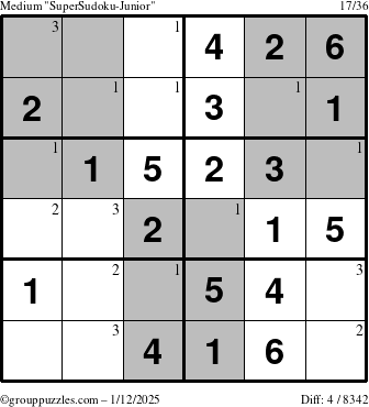 The grouppuzzles.com Medium SuperSudoku-Junior puzzle for Sunday January 12, 2025 with the first 3 steps marked