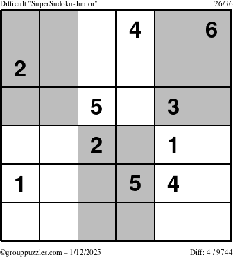 The grouppuzzles.com Difficult SuperSudoku-Junior puzzle for Sunday January 12, 2025