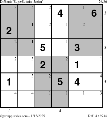 The grouppuzzles.com Difficult SuperSudoku-Junior puzzle for Sunday January 12, 2025 with all 4 steps marked