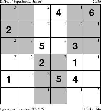 The grouppuzzles.com Difficult SuperSudoku-Junior puzzle for Sunday January 12, 2025 with the first 3 steps marked