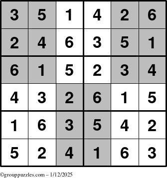 The grouppuzzles.com Answer grid for the SuperSudoku-Junior puzzle for Sunday January 12, 2025