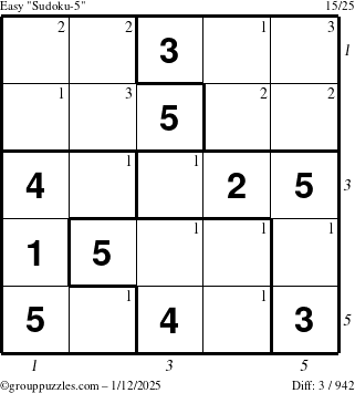 The grouppuzzles.com Easy Sudoku-5 puzzle for Sunday January 12, 2025 with all 3 steps marked