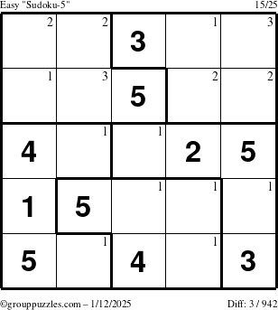 The grouppuzzles.com Easy Sudoku-5 puzzle for Sunday January 12, 2025 with the first 3 steps marked