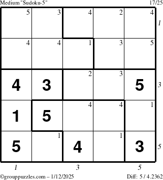 The grouppuzzles.com Medium Sudoku-5 puzzle for Sunday January 12, 2025, suitable for printing, with all 5 steps marked