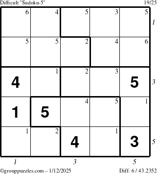 The grouppuzzles.com Difficult Sudoku-5 puzzle for Sunday January 12, 2025 with all 6 steps marked