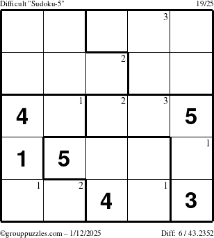 The grouppuzzles.com Difficult Sudoku-5 puzzle for Sunday January 12, 2025 with the first 3 steps marked