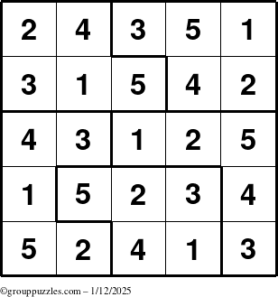 The grouppuzzles.com Answer grid for the Sudoku-5 puzzle for Sunday January 12, 2025