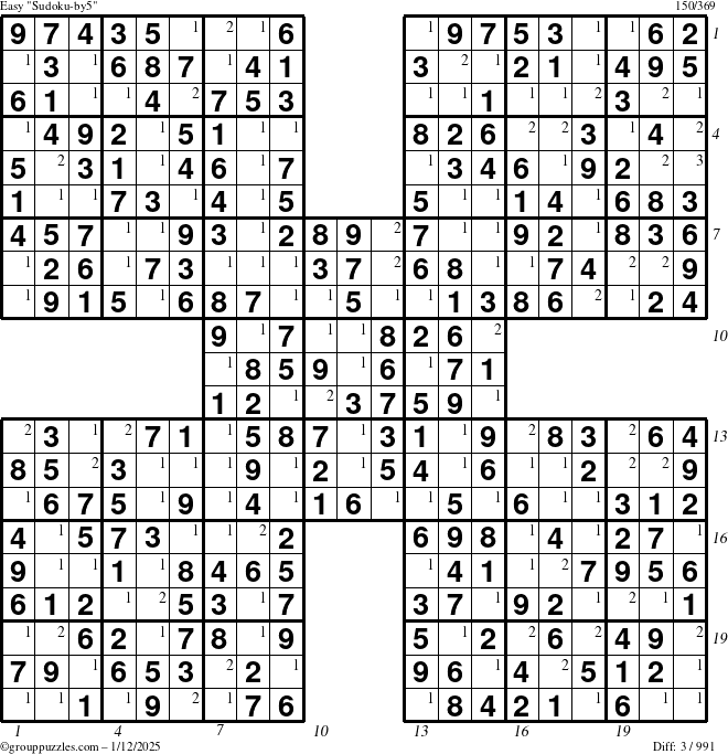 The grouppuzzles.com Easy Sudoku-by5 puzzle for Sunday January 12, 2025 with all 3 steps marked