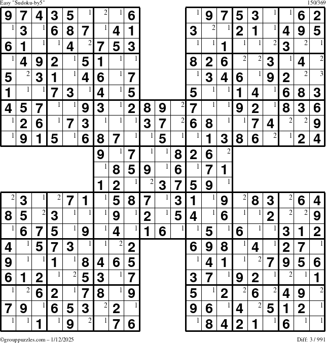 The grouppuzzles.com Easy Sudoku-by5 puzzle for Sunday January 12, 2025 with the first 3 steps marked