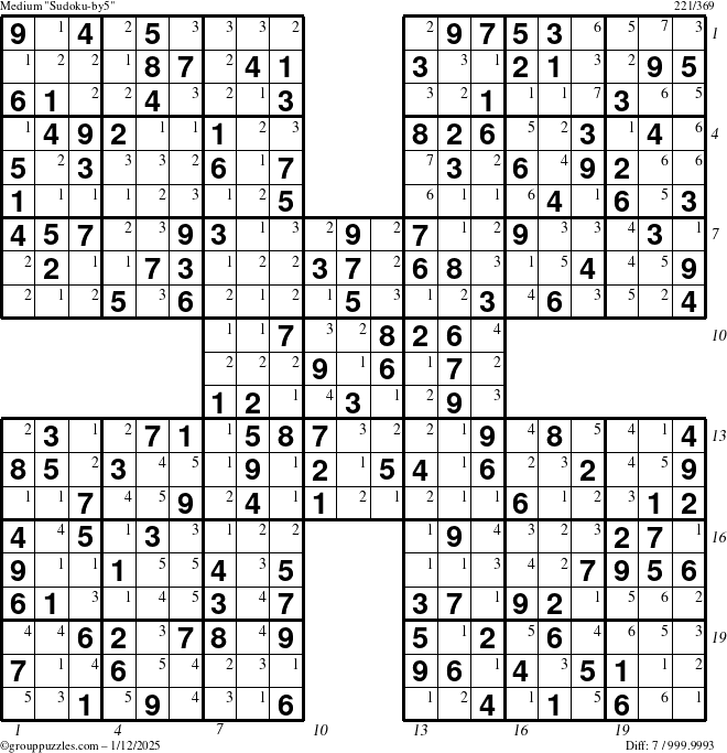 The grouppuzzles.com Medium Sudoku-by5 puzzle for Sunday January 12, 2025 with all 7 steps marked